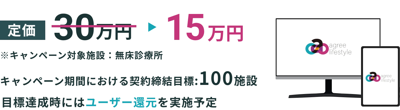 2024円6月〜11月まで 定価30万円→15万円 ※キャンペーン対象施設：クリニック キャンペーン期間における契約締結目標：100施設 目標達成時にはユーザー還元を実施予定