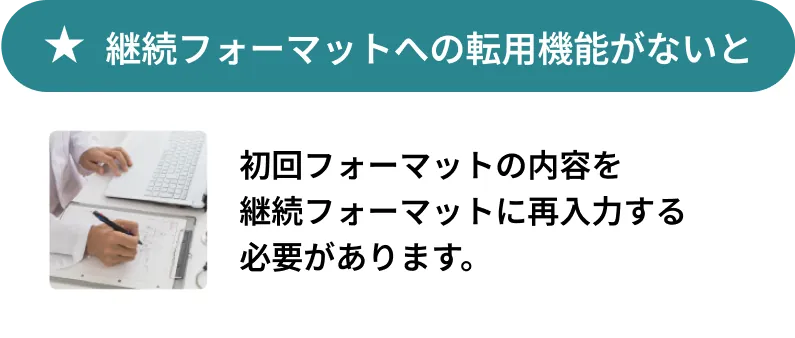 継続フォーマットへの転用機能がないと、初回フォーマットの内容を継続フォーマットに再入力する必要があります。
